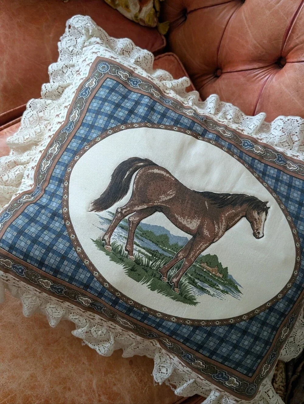 Vintage Horse Tapestry Pillow | Cottagecore Lace Accent Equestrian
